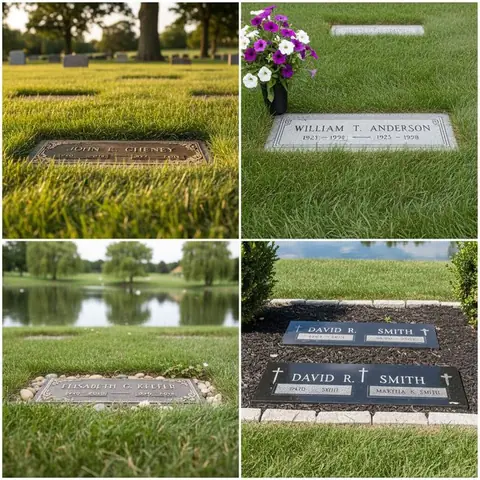 Flat granite markers set level with the lawn