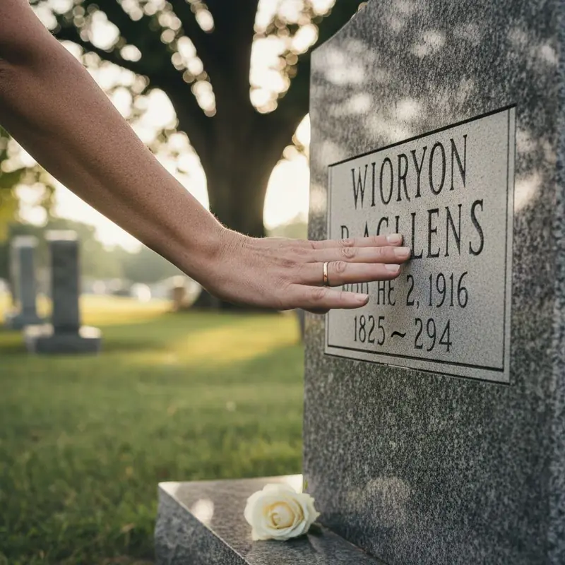 A hand resting on a granite headstone