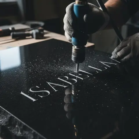 Close-up of lettering cut into a headstone