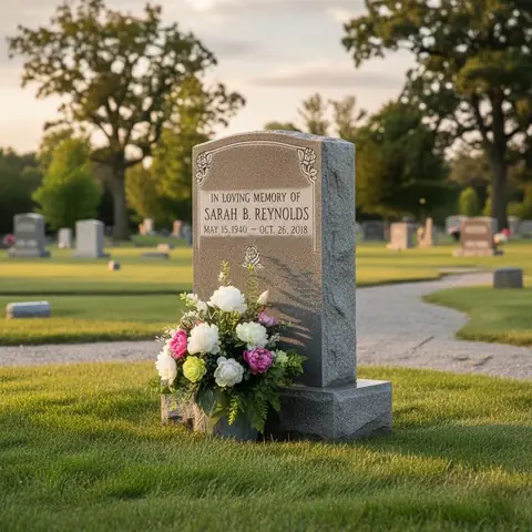 Single upright granite monument with flowers